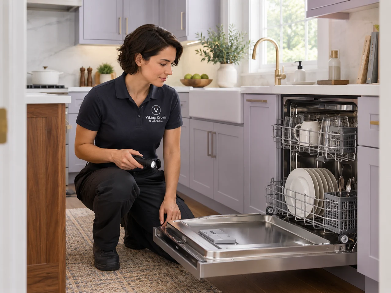 AI illustration of an appliance technician wearing Viking Repair North Salem branding