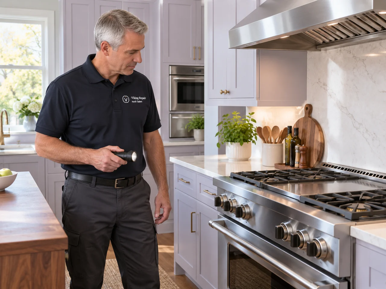 Illustration of a technician wearing the Viking Repair North Salem logo beside a Viking range