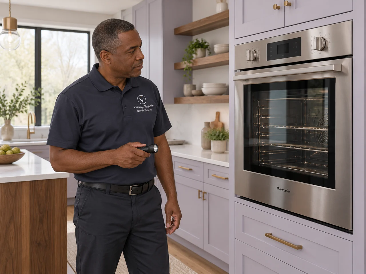 AI illustration of an appliance technician wearing Viking Repair North Salem branding